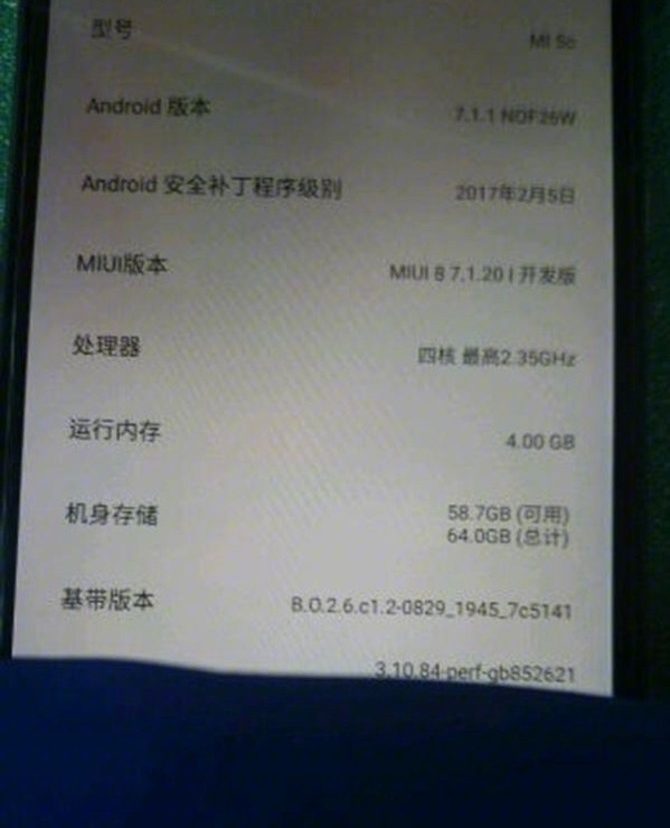 Screenshto of specs of Xiaomi Mi5C