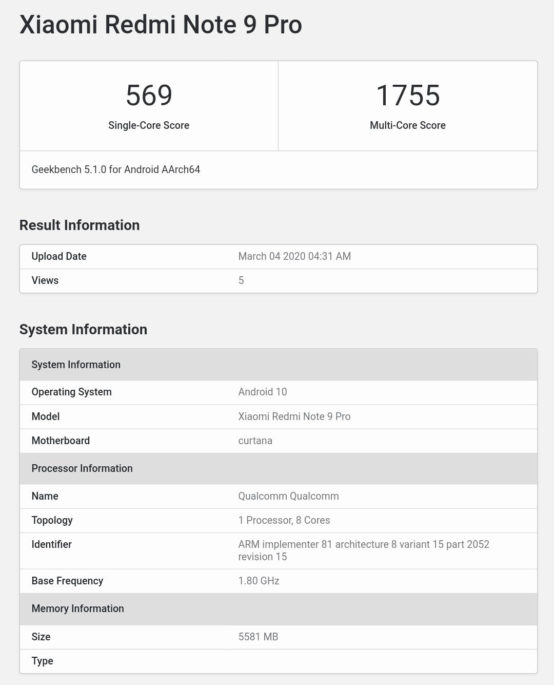 Redmi Note 9 Pro on Geekbench
